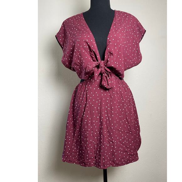 NWT Vix Paula Womens CoverUp Dress Burgundy SP Polka Dot Hermanny Cut Front Tie - Picture 2 of 16